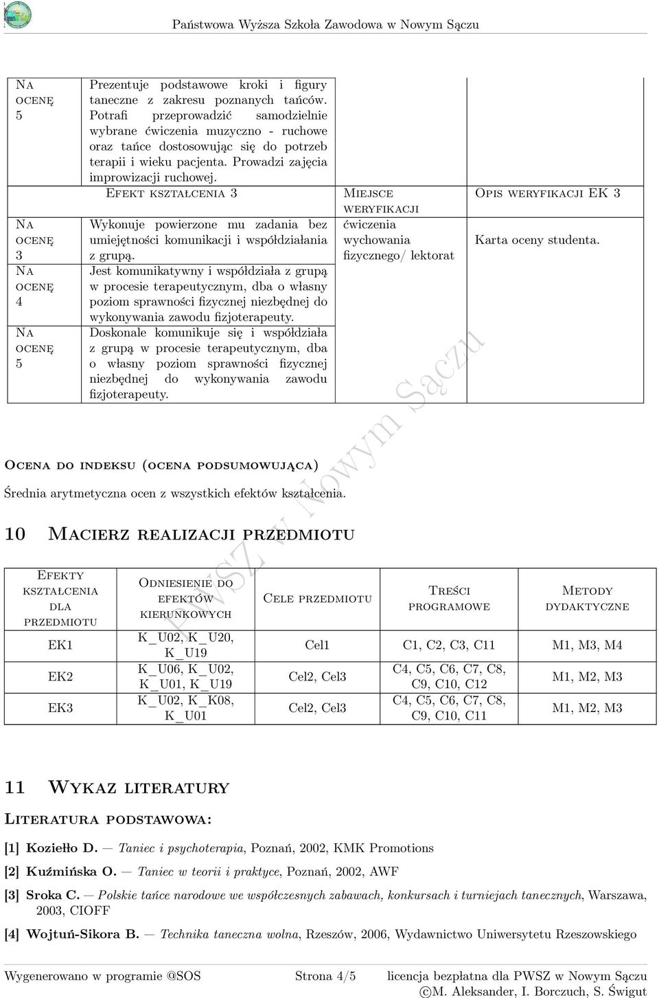 Jest komunikatywny i wspó ldzia la z grupą w procesie terapeutycznym, dba o w lasny poziom sprawności fizycznej niezbędnej do wykonywania zawodu fizjoterapeuty.