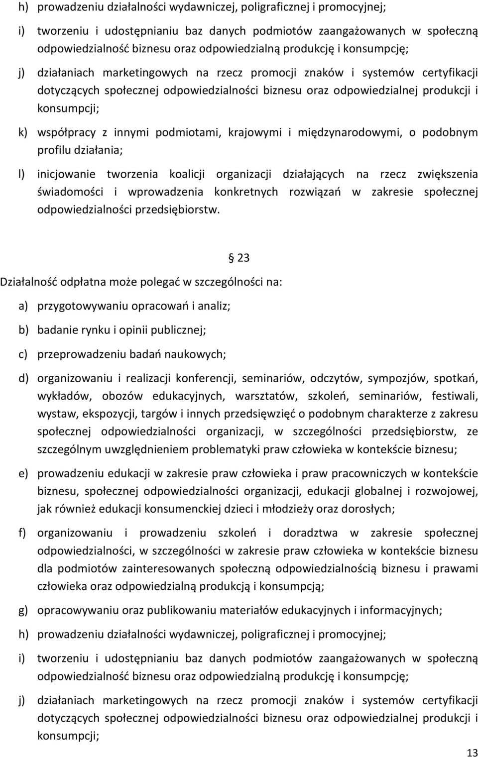 współpracy z innymi podmiotami, krajowymi i międzynarodowymi, o podobnym profilu działania; l) inicjowanie tworzenia koalicji organizacji działających na rzecz zwiększenia świadomości i wprowadzenia