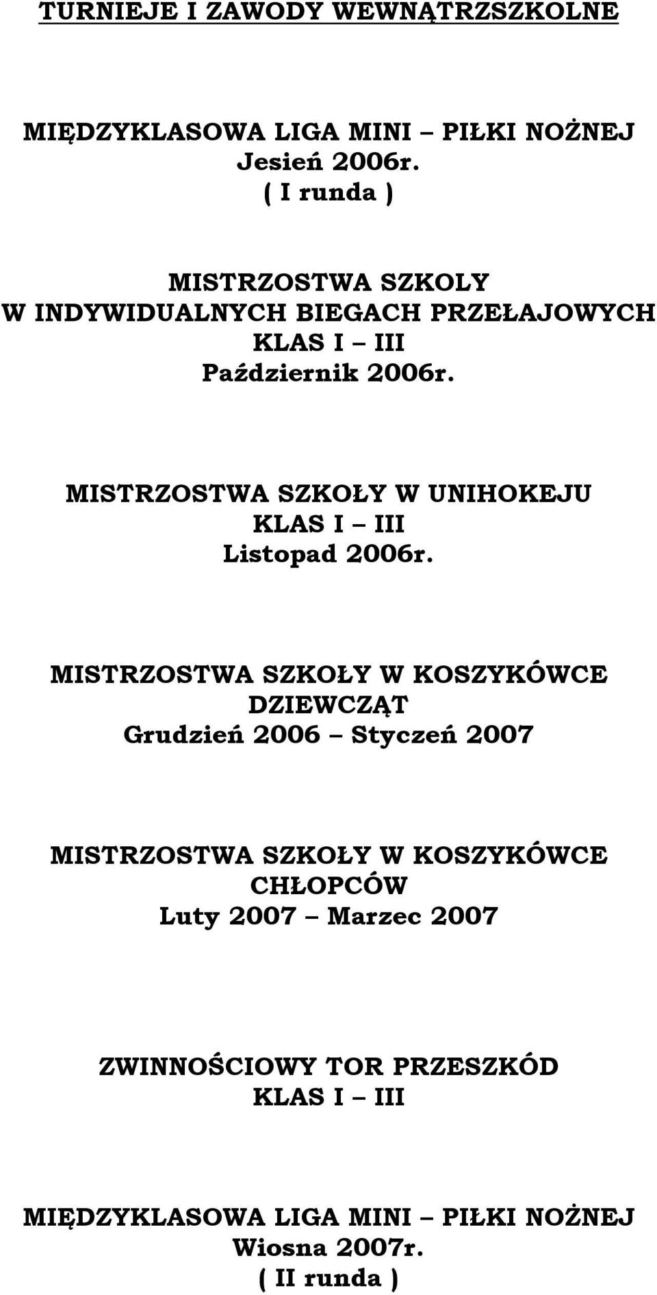 MISTRZOSTWA SZKOŁY W UNIHOKEJU KLAS I III Listopad 2006r.