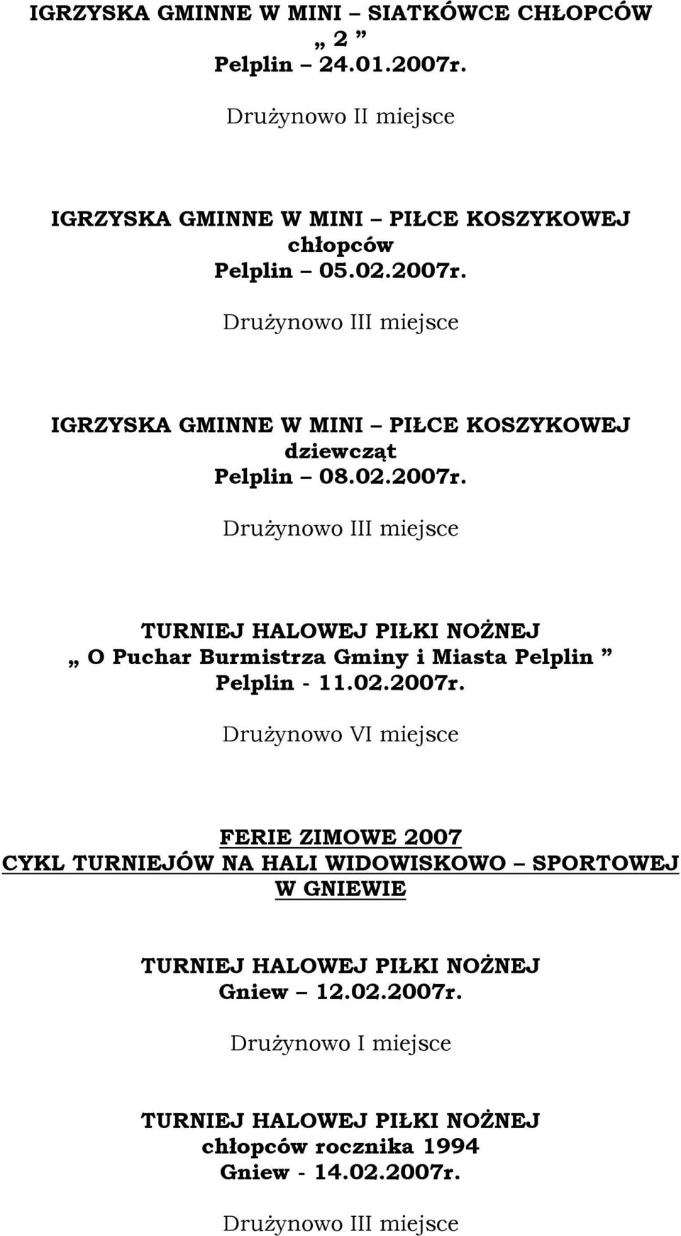 IGRZYSKA GMINNE W MINI PIŁCE KOSZYKOWEJ dziewcząt Pelplin 08.02.2007r.