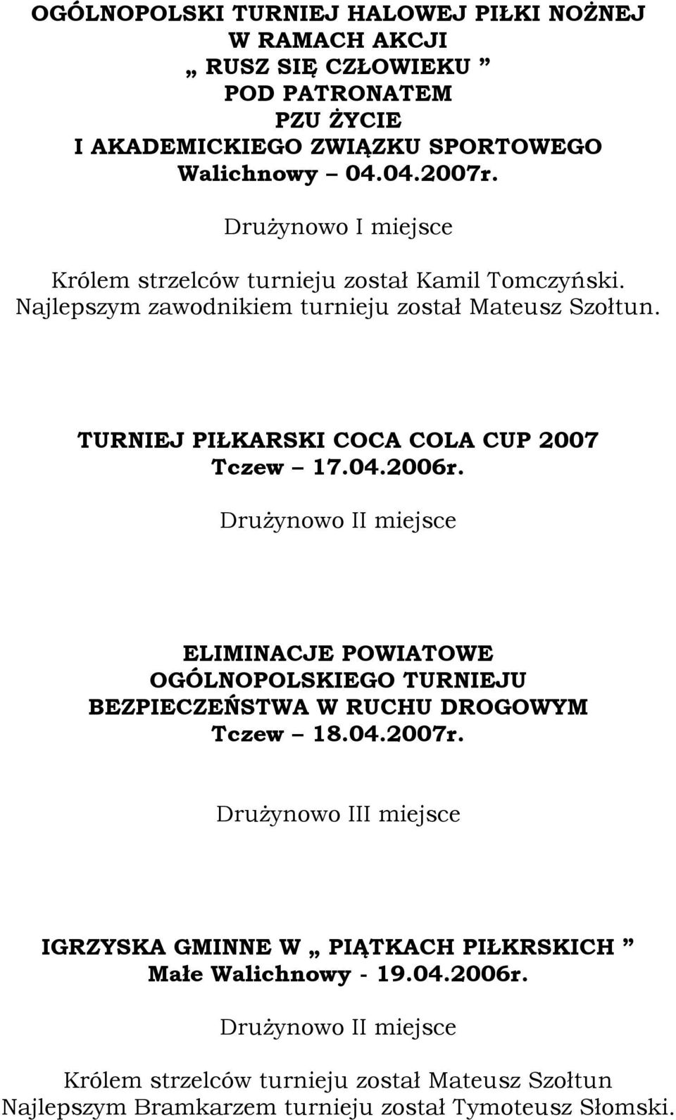 TURNIEJ PIŁKARSKI COCA COLA CUP 2007 Tczew 17.04.2006r.