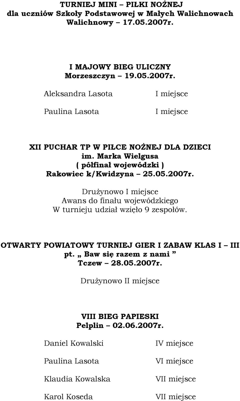 Marka Wielgusa ( półfinał wojewódzki ) Rakowiec k/kwidzyna 25.05.2007r. Awans do finału wojewódzkiego W turnieju udział wzięło 9 zespołów.