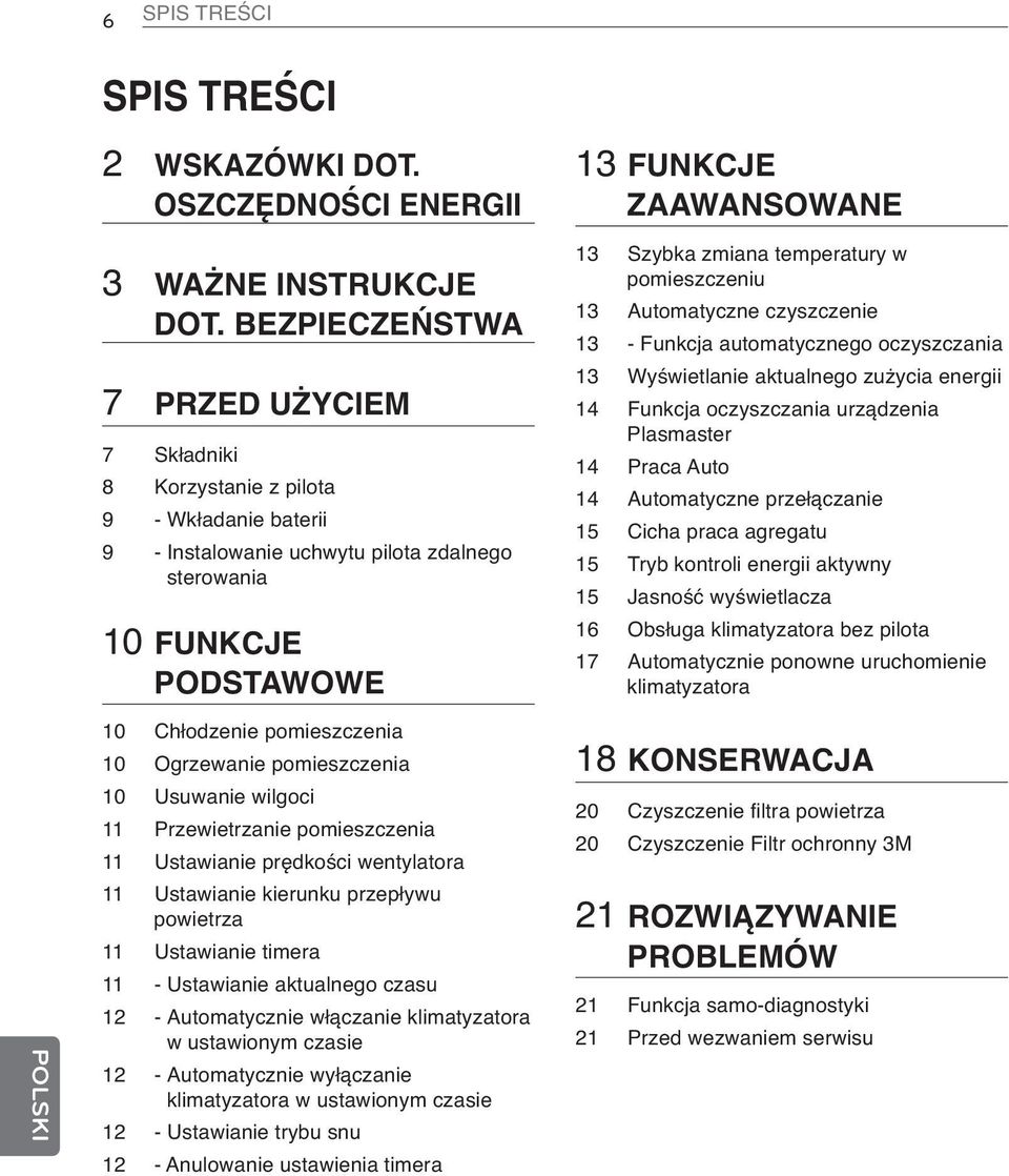 Ogrzewanie pomieszczenia 10 Usuwanie wilgoci 11 Przewietrzanie pomieszczenia 11 Ustawianie prędkości wentylatora 11 Ustawianie kierunku przepływu powietrza 11 Ustawianie timera 11 - Ustawianie