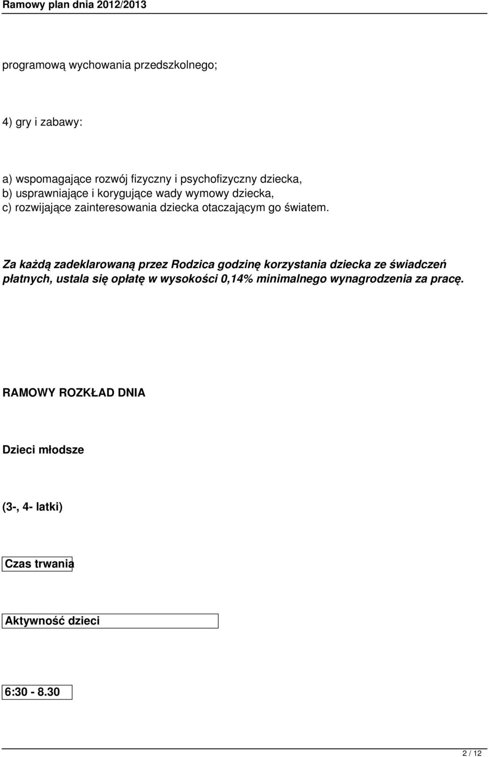 Za każdą zadeklarowaną przez Rodzica godzinę korzystania dziecka ze świadczeń płatnych, ustala się opłatę w wysokości