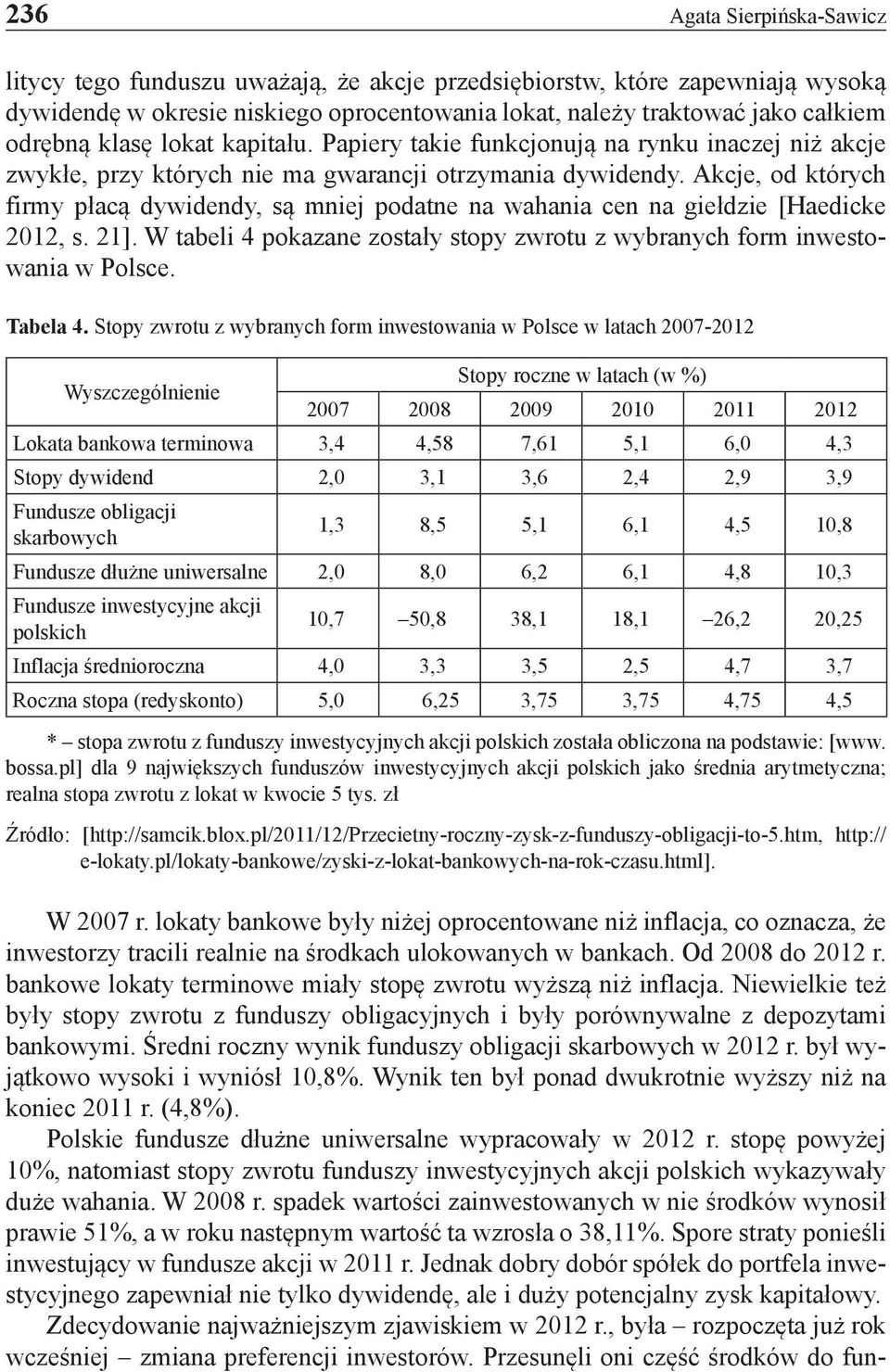 Akcje, od których firmy płacą dywidendy, są mniej podatne na wahania cen na giełdzie [Haedicke 2012, s. 21]. W tabeli 4 pokazane zostały stopy zwrotu z wybranych form inwestowania w Polsce. Tabela 4.