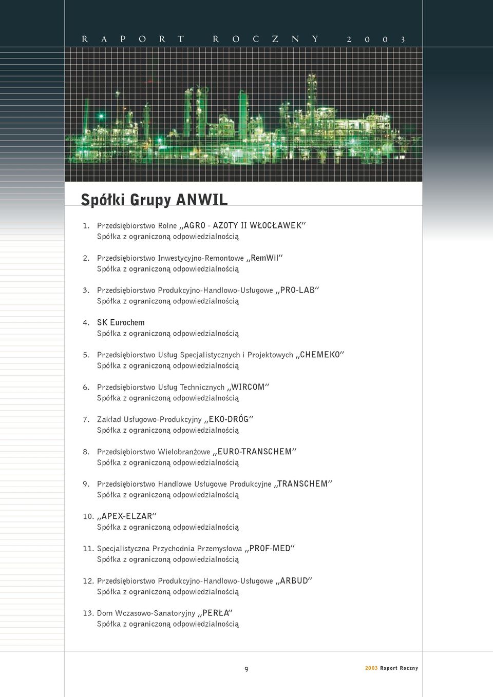 Przedsiębiorstwo Usług Technicznych WIRCOM 7. Zakład Usługowo-Produkcyjny EKO-DRÓG 8. Przedsiębiorstwo Wielobranżowe EURO-TRANSCHEM 9.