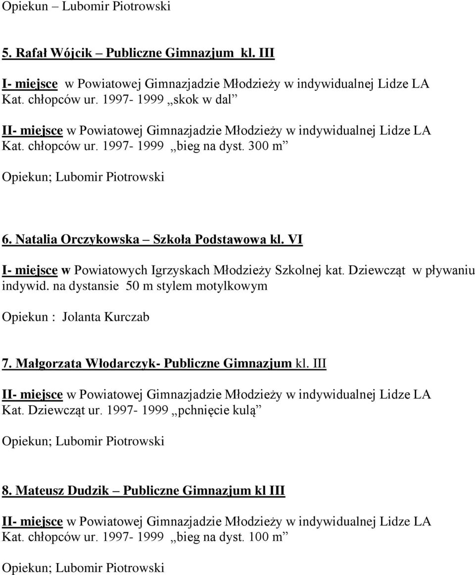 Natalia Orczykowska Szkoła Podstawowa kl. VI I- miejsce w Powiatowych Igrzyskach Młodzieży Szkolnej kat. Dziewcząt w pływaniu indywid. na dystansie 50 m stylem motylkowym Opiekun : Jolanta Kurczab 7.