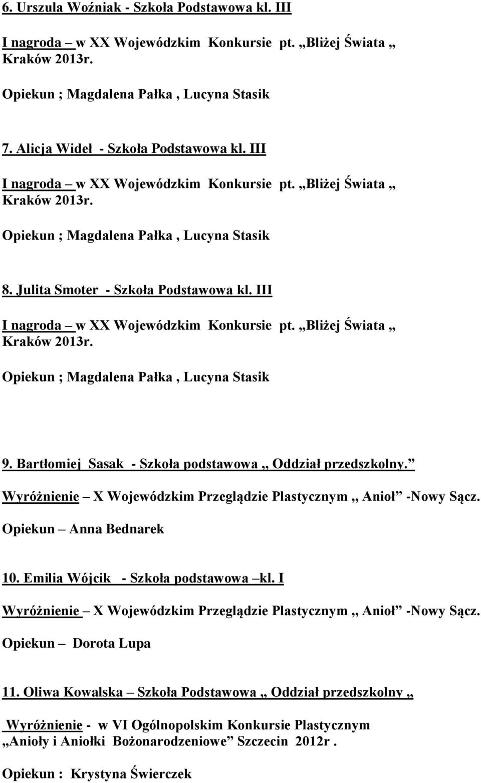 Bliżej Świata Kraków 2013r. Opiekun ; Magdalena Pałka, Lucyna Stasik 9. Bartłomiej Sasak - Szkoła podstawowa,, Oddział przedszkolny.