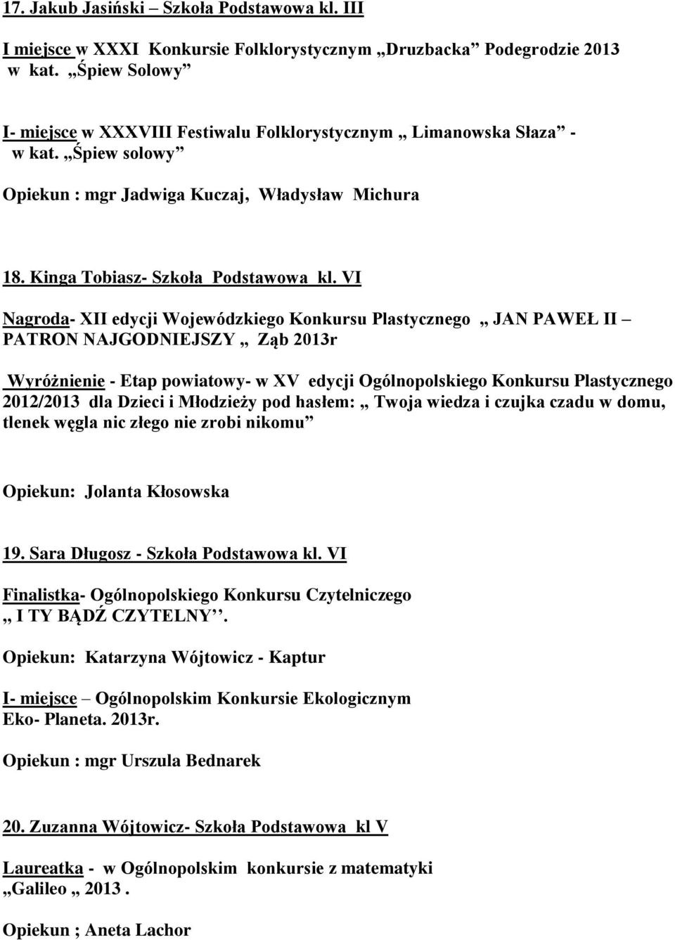 VI Nagroda- XII edycji Wojewódzkiego Konkursu Plastycznego JAN PAWEŁ II PATRON NAJGODNIEJSZY Ząb 2013r Wyróżnienie - Etap powiatowy- w XV edycji Ogólnopolskiego Konkursu Plastycznego 2012/2013 dla