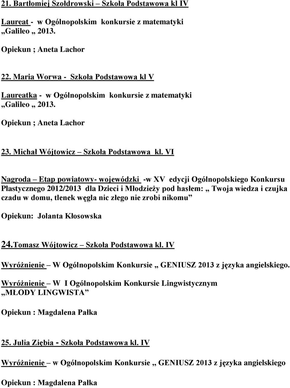 VI Nagroda Etap powiatowy- wojewódzki -w XV edycji Ogólnopolskiego Konkursu Plastycznego 2012/2013 dla Dzieci i Młodzieży pod hasłem: Twoja wiedza i czujka czadu w domu, tlenek węgla nic złego nie