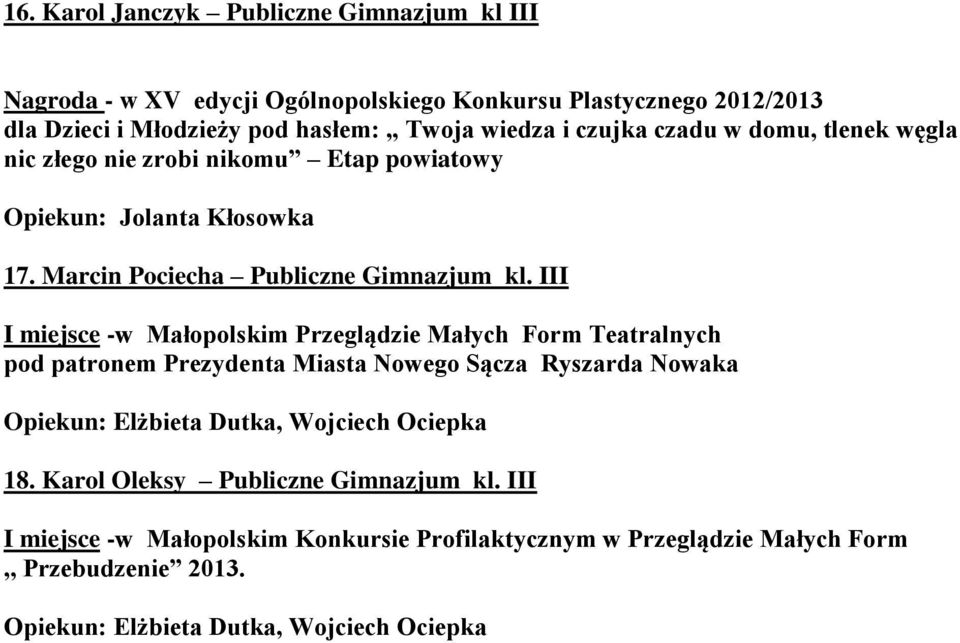 III I miejsce -w Małopolskim Przeglądzie Małych Form Teatralnych pod patronem Prezydenta Miasta Nowego Sącza Ryszarda Nowaka Opiekun: Elżbieta Dutka, Wojciech