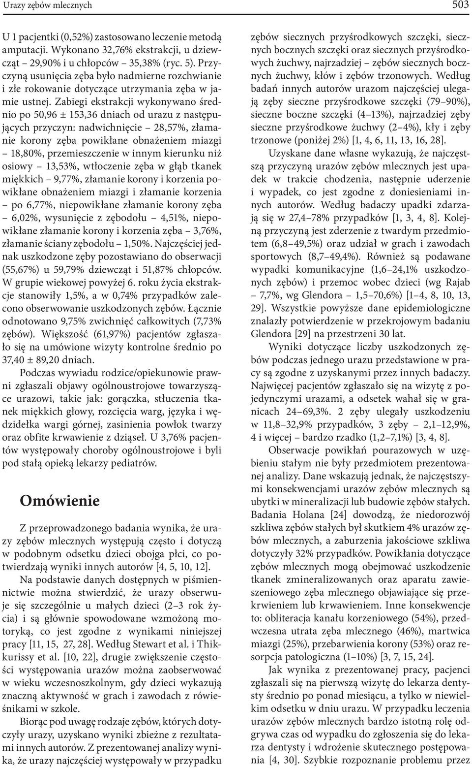 Zabiegi ekstrakcji wykonywano średnio po 50,96 ± 153,36 dniach od urazu z następujących przyczyn: nadwichnięcie 28,57%, złamanie korony zęba powikłane obnażeniem miazgi 18,80%, przemieszczenie w