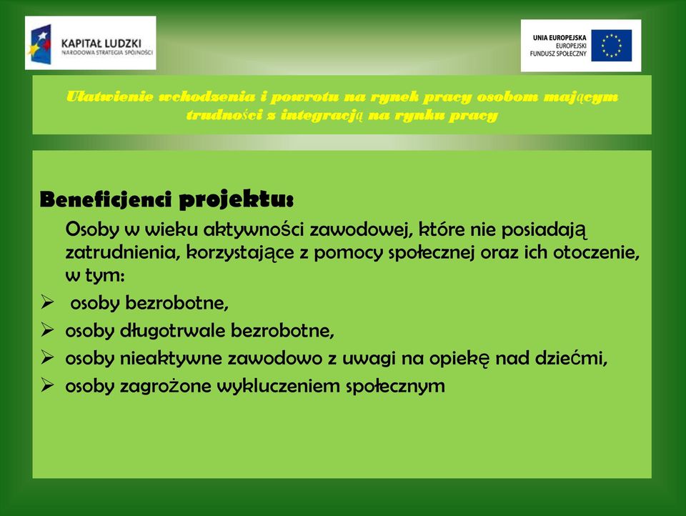 korzystające z pomocy społecznej oraz ich otoczenie, w tym: osoby bezrobotne, osoby długotrwale