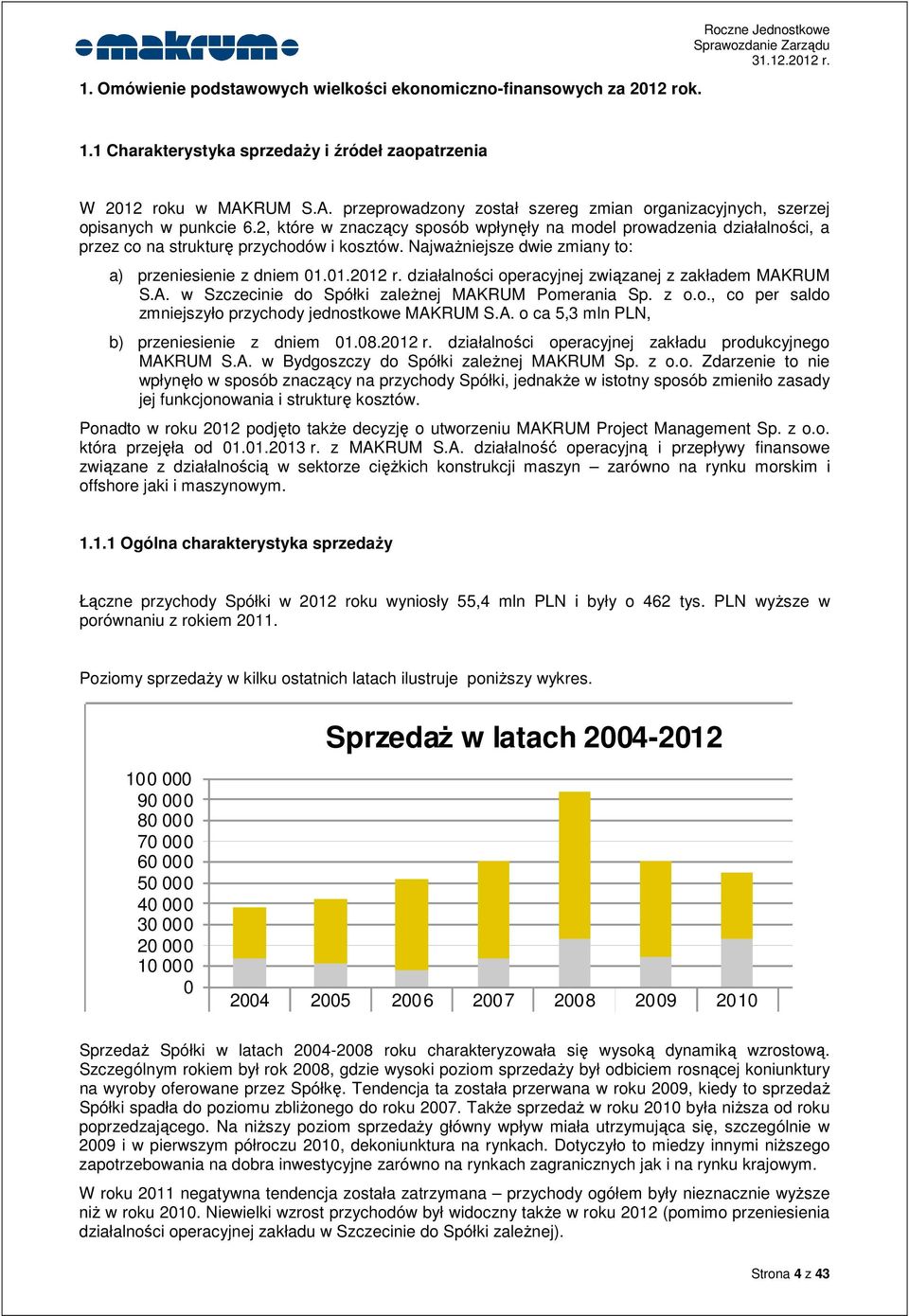 2, które w znaczący sposób wpłynęły na model prowadzenia działalności, a przez co na strukturę przychodów i kosztów. Najważniejsze dwie zmiany to: a) przeniesienie z dniem 01.01.2012 r.