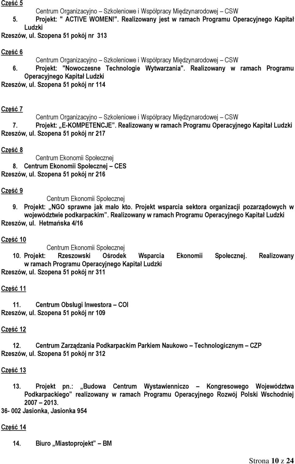 Szopena 51 pokój nr 217 Część 8 Centrum Ekonomii Społecznej 8. Centrum Ekonomii Społecznej CES Rzeszów, ul. Szopena 51 pokój nr 216 Część 9 Centrum Ekonomii Społecznej 9.