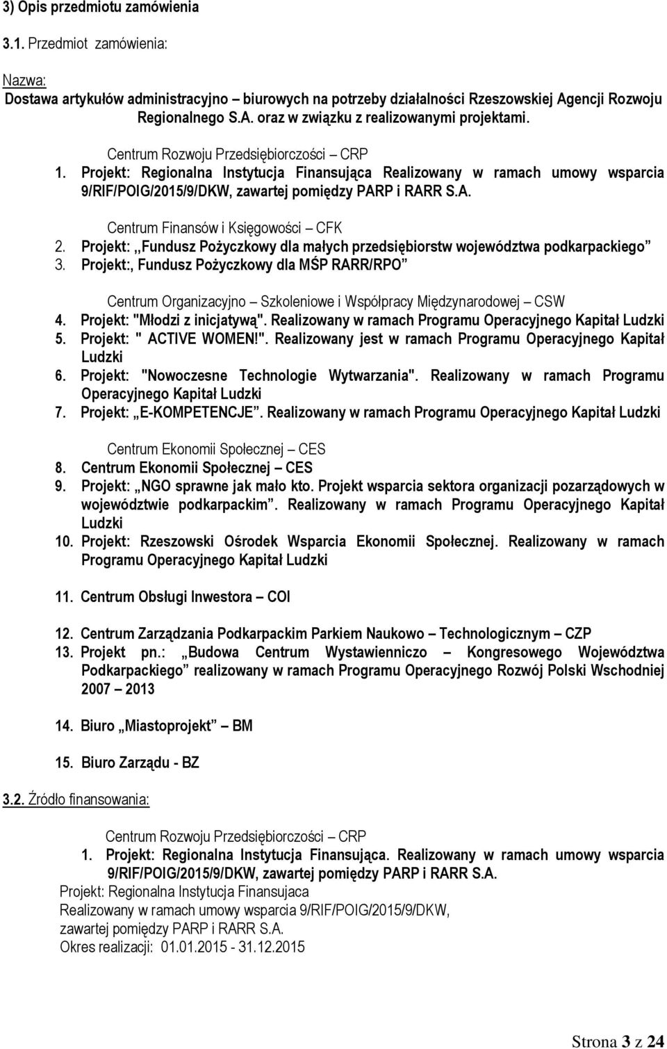 P i RARR S.A. Centrum Finansów i Księgowości CFK 2. Projekt:,,Fundusz Pożyczkowy dla małych przedsiębiorstw województwa podkarpackiego 3. Projekt:, Fundusz Pożyczkowy dla MŚP RARR/RPO 4.