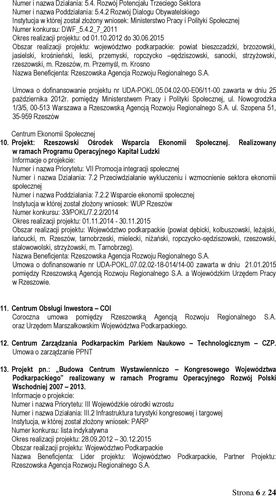 2015 Obszar realizacji projektu: województwo podkarpackie: powiat bieszczadzki, brzozowski, jasielski, krośnieński, leski, przemyski, ropczycko sędziszowski, sanocki, strzyżowski, rzeszowski, m.