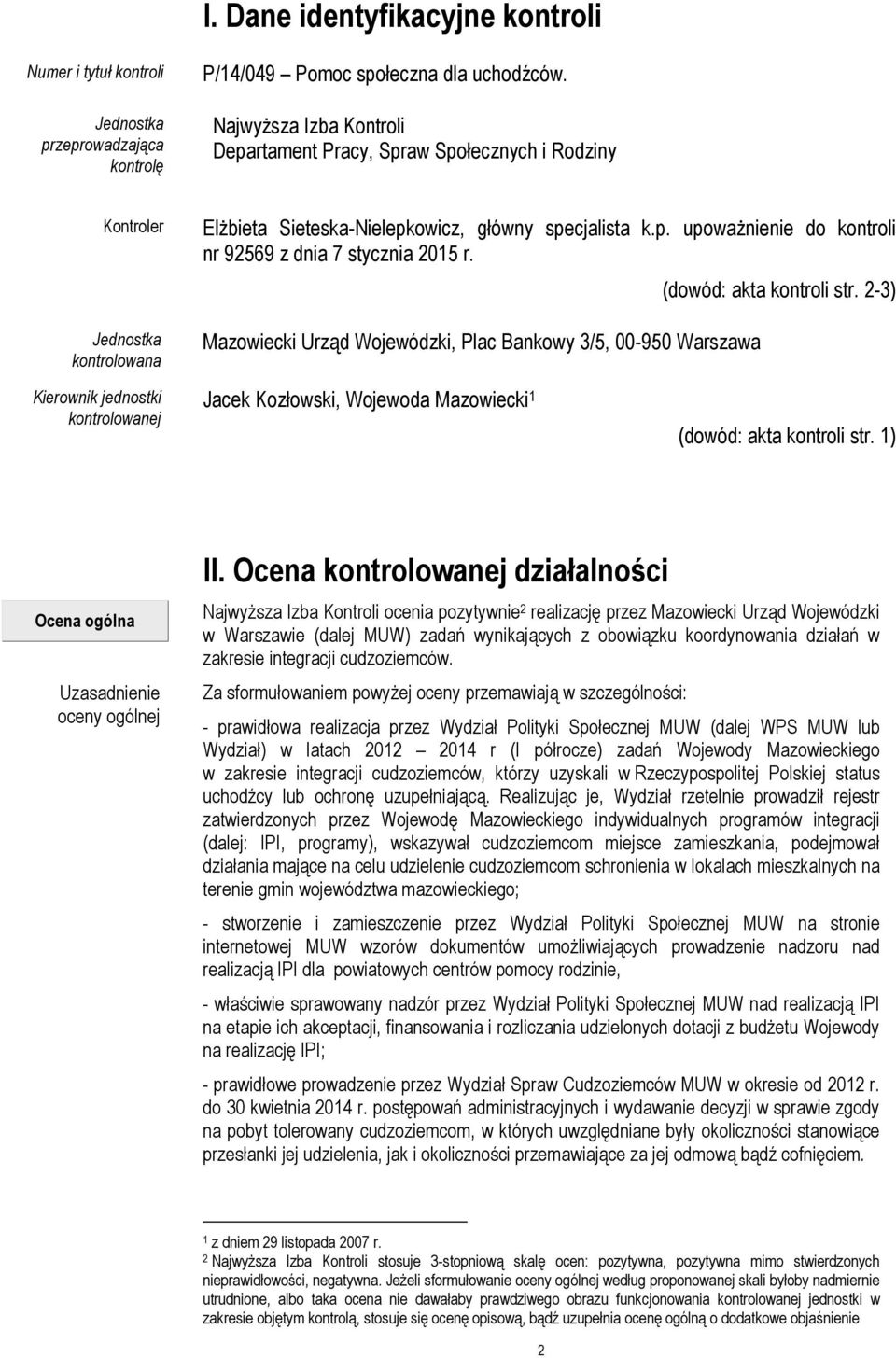 Mazowiecki Urząd Wojewódzki, Plac Bankowy 3/5, 00-950 Warszawa (dowód: akta kontroli str. 2-3) Kierownik jednostki kontrolowanej Jacek Kozłowski, Wojewoda Mazowiecki 1 (dowód: akta kontroli str.