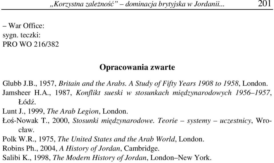 Lunt J., 1999, The Arab Legion, London. Łoś-Nowak T., 2000, Stosunki międzynarodowe. Teorie systemy uczestnicy, Wrocław. Polk W.R.