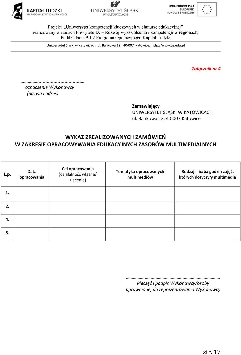 p. Data opracowania Cel opracowania (działalność własna/ zlecenie) Tematyka opracowanych multimediów Rodzaj i liczba