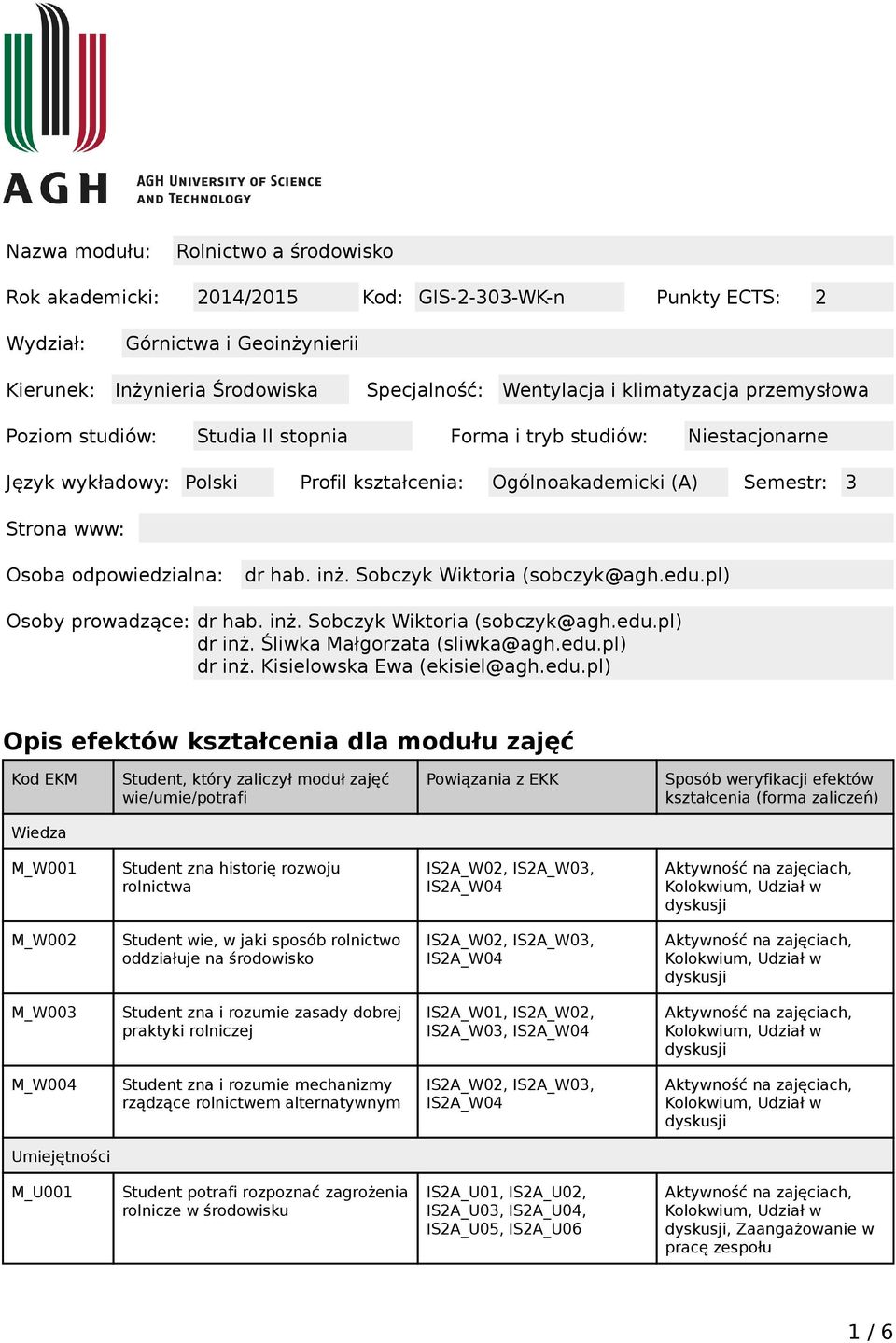 odpowiedzialna: dr hab. inż. Sobczyk Wiktoria (sobczyk@agh.edu.pl) Osoby prowadzące: dr hab. inż. Sobczyk Wiktoria (sobczyk@agh.edu.pl) dr inż. Śliwka Małgorzata (sliwka@agh.edu.pl) dr inż. Kisielowska Ewa (ekisiel@agh.