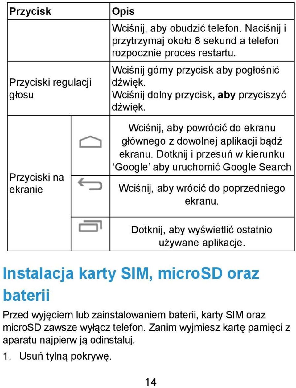 Dotknij i przesuń w kierunku Google aby uruchomić Google Search Wciśnij, aby wrócić do poprzedniego ekranu. Dotknij, aby wyświetlić ostatnio używane aplikacje.