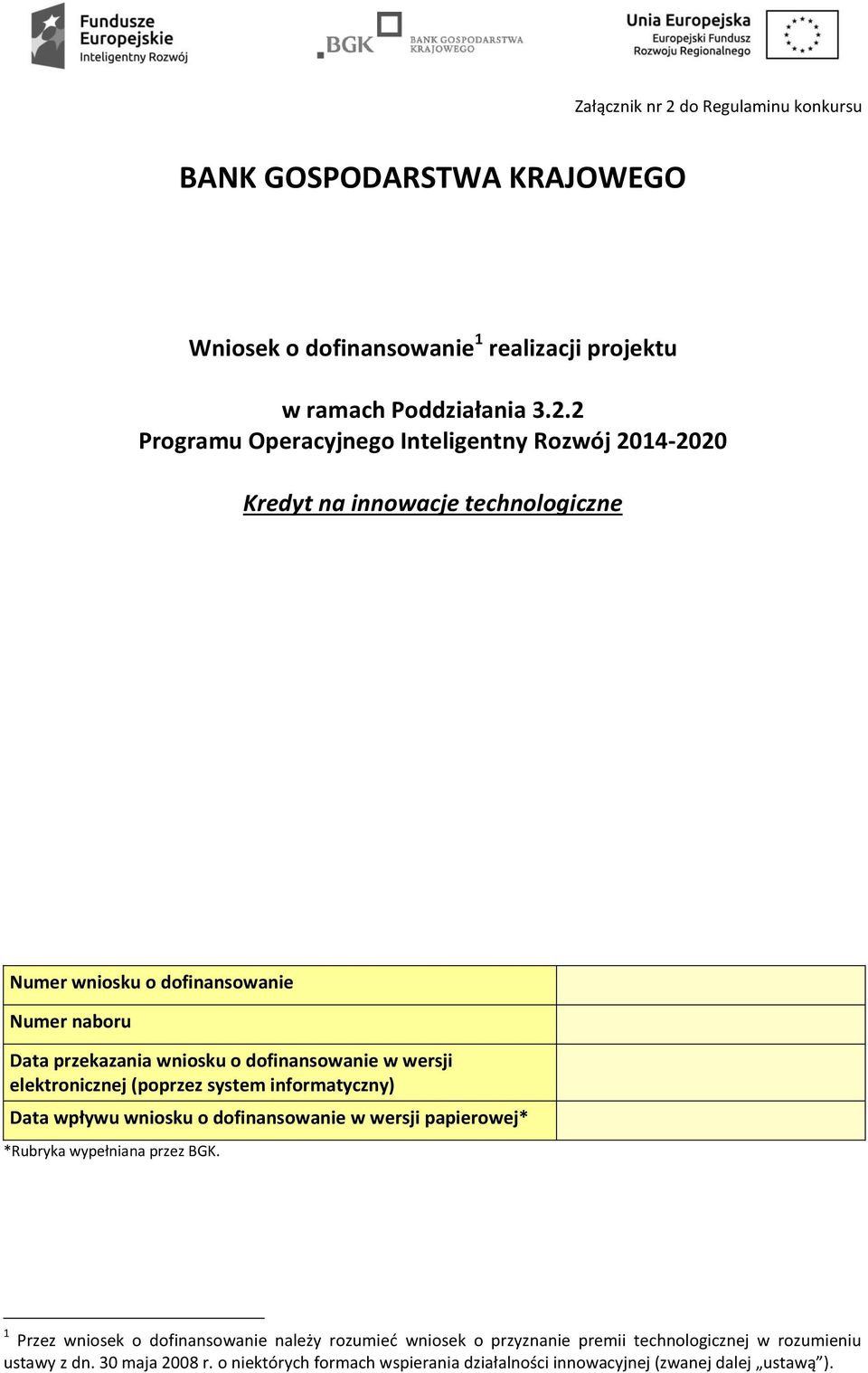 2 Programu Operacyjnego Inteligentny Rozwój 2014-2020 Kredyt na innowacje technologiczne Numer wniosku o dofinansowanie Numer naboru Data przekazania wniosku o
