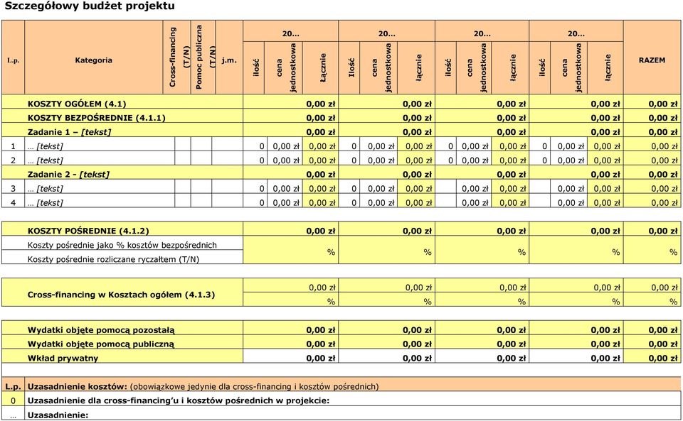 1) 0,00 zł 0,00 zł 0,00 zł 0,00 zł 0,00 zł KOSZTY BEZPOŚREDNIE (4.1.1) 0,00 zł 0,00 zł 0,00 zł 0,00 zł 0,00 zł Zadanie 1 [tekst] 0,00 zł 0,00 zł 0,00 zł 0,00 zł 0,00 zł 1 [tekst] 0 0,00 zł 0,00 zł 0