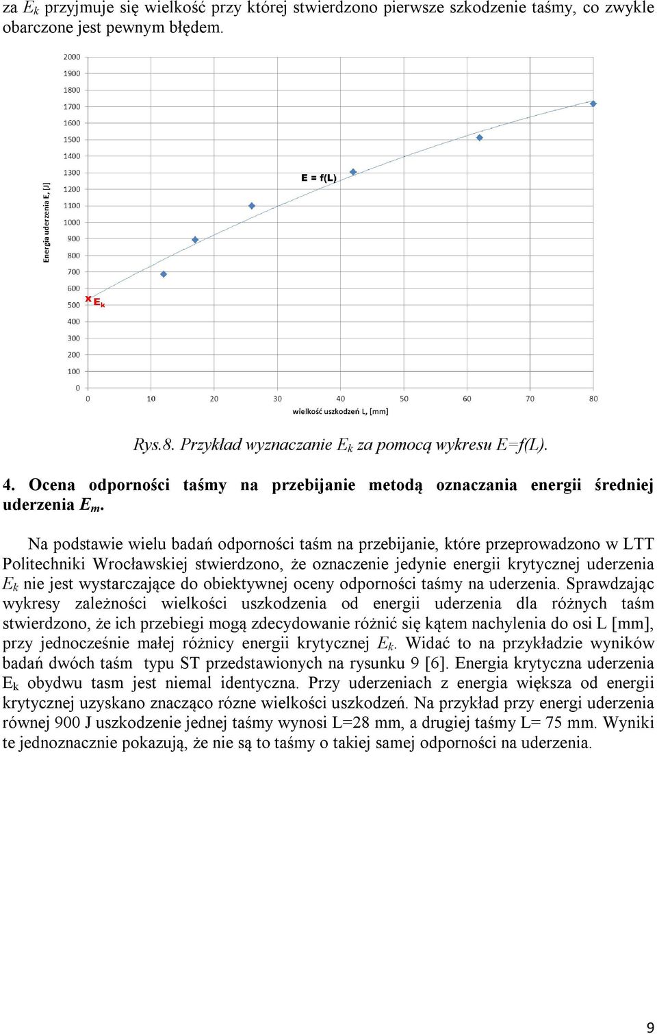 Na podstawie wielu badań odporności taśm na przebijanie, które przeprowadzono w LTT Politechniki Wrocławskiej stwierdzono, że oznaczenie jedynie energii krytycznej uderzenia E k nie jest