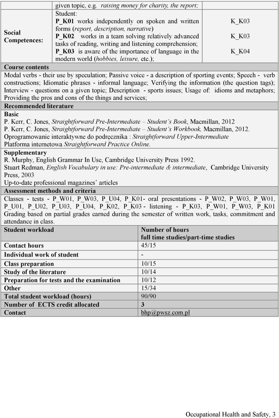 raising money for charity, the report; P_K01 works independently on spoken and written forms (report, description, narrative) P_K02 works in a team solving relatively advanced tasks of reading,