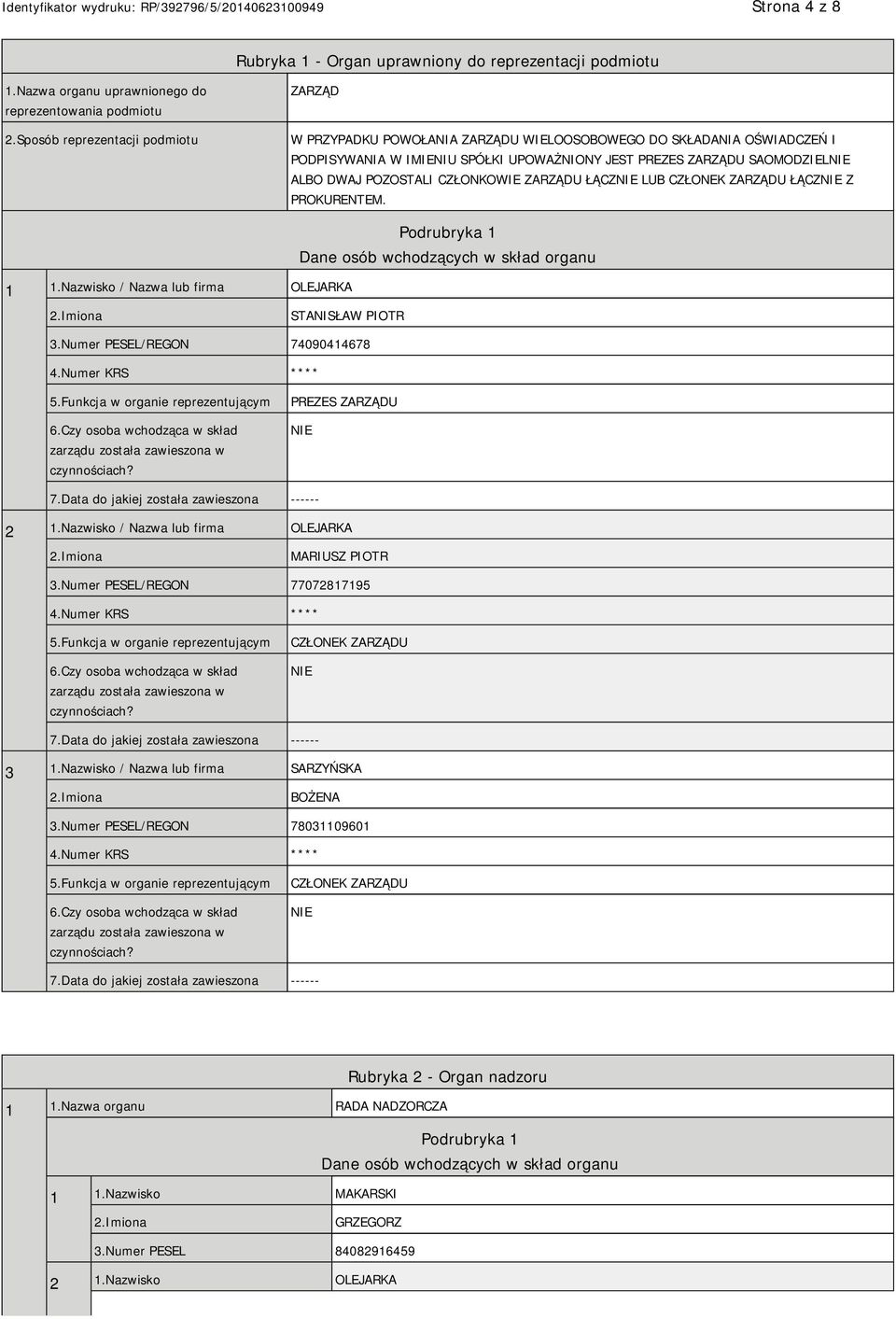 POZOSTALI CZŁONKOWIE ZARZĄDU ŁĄCZ LUB CZŁONEK ZARZĄDU ŁĄCZ Z PROKURENTEM. 1 1.Nazwisko / Nazwa lub firma OLEJARKA Podrubryka 1 Dane osób wchodzących w skład organu STANISŁAW PIOTR 3.