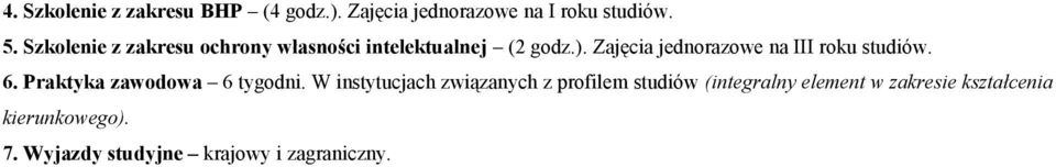 Zajęcia jednorazoe na III roku studió. 6. Praktyka zaodoa 6 tygodni.