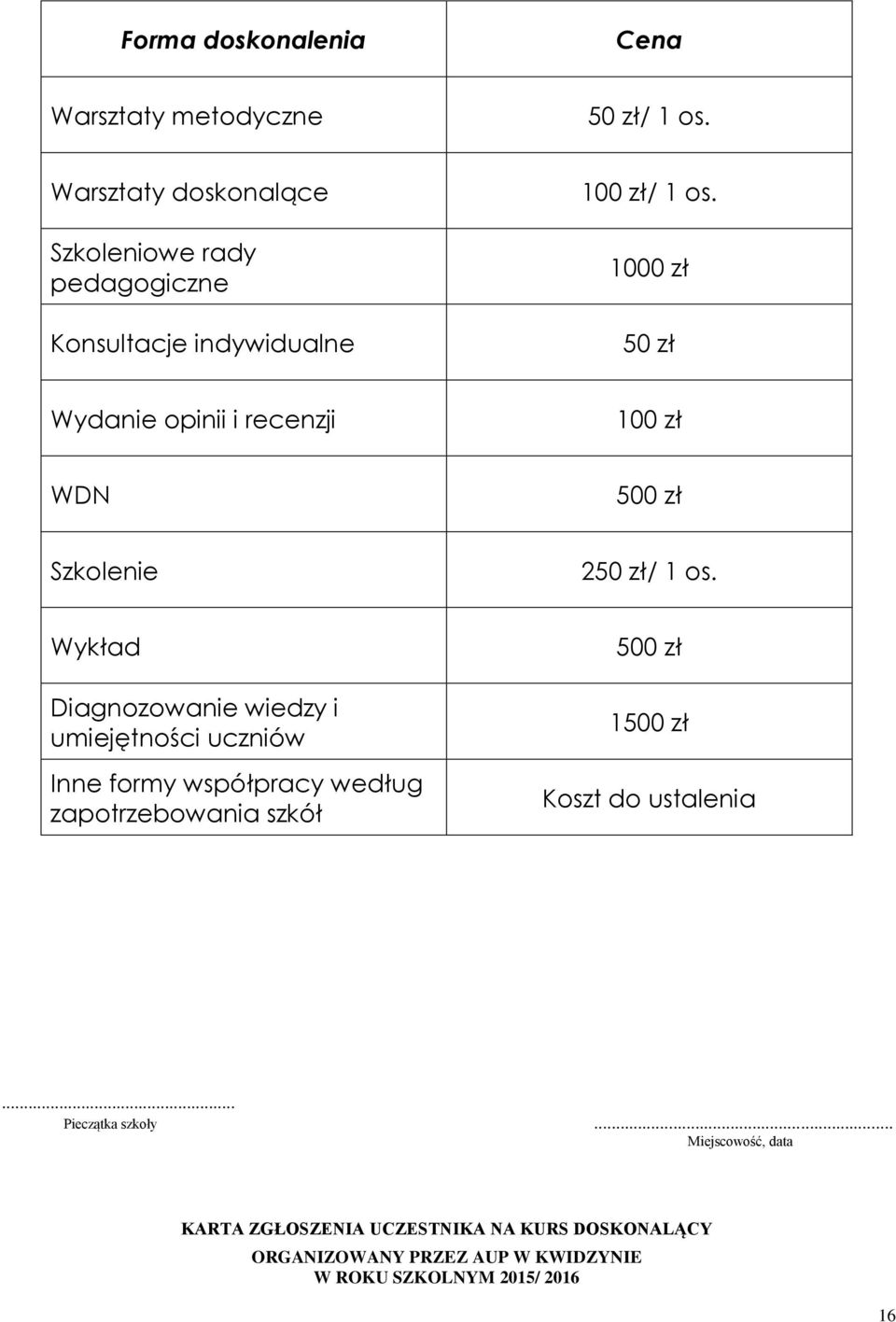 1000 zł 50 zł Wydanie opinii i recenzji 100 zł WDN 500 zł Szkolenie 250 zł/ 1 os.