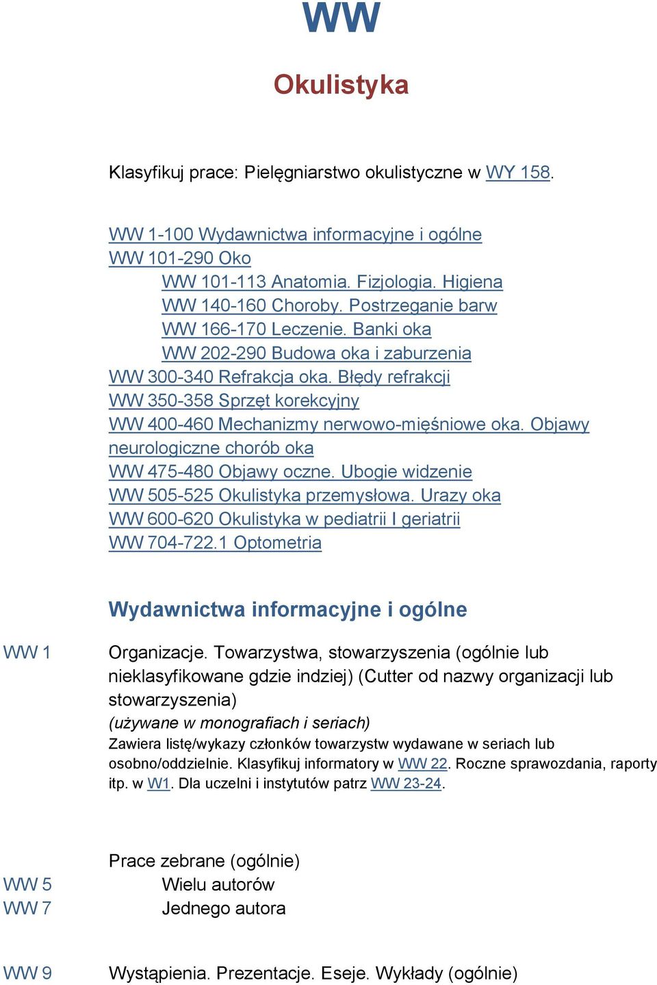 Objawy neurologiczne chorób oka WW 475-480 Objawy oczne. Ubogie widzenie WW 505-525 Okulistyka przemysłowa. Urazy oka WW 600-620 Okulistyka w pediatrii I geriatrii WW 704-722.