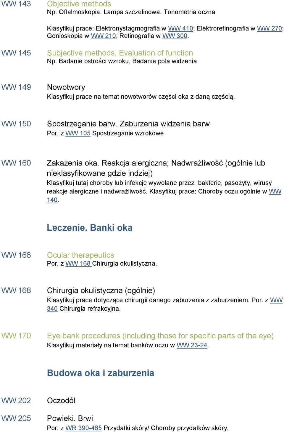 Badanie ostrości wzroku, Badanie pola widzenia WW 149 Nowotwory Klasyfikuj prace na temat nowotworów części oka z daną częścią. WW 150 Spostrzeganie barw. Zaburzenia widzenia barw Por.