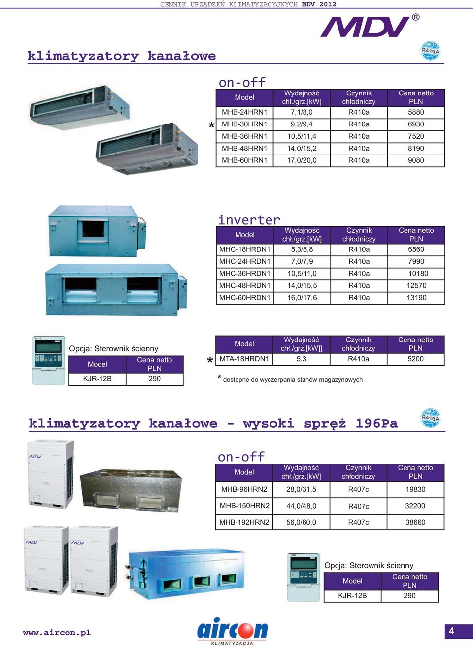 14,0/15,5 410a 12570 MHC-60HDN1 16,0/17,6 410a 13190 Opcja: Sterownik ścienny KJ-12B 290 * ] MTA-18HDN1 5,3 410a 5200 * dostępne do wyczerpania stanów magazynowych