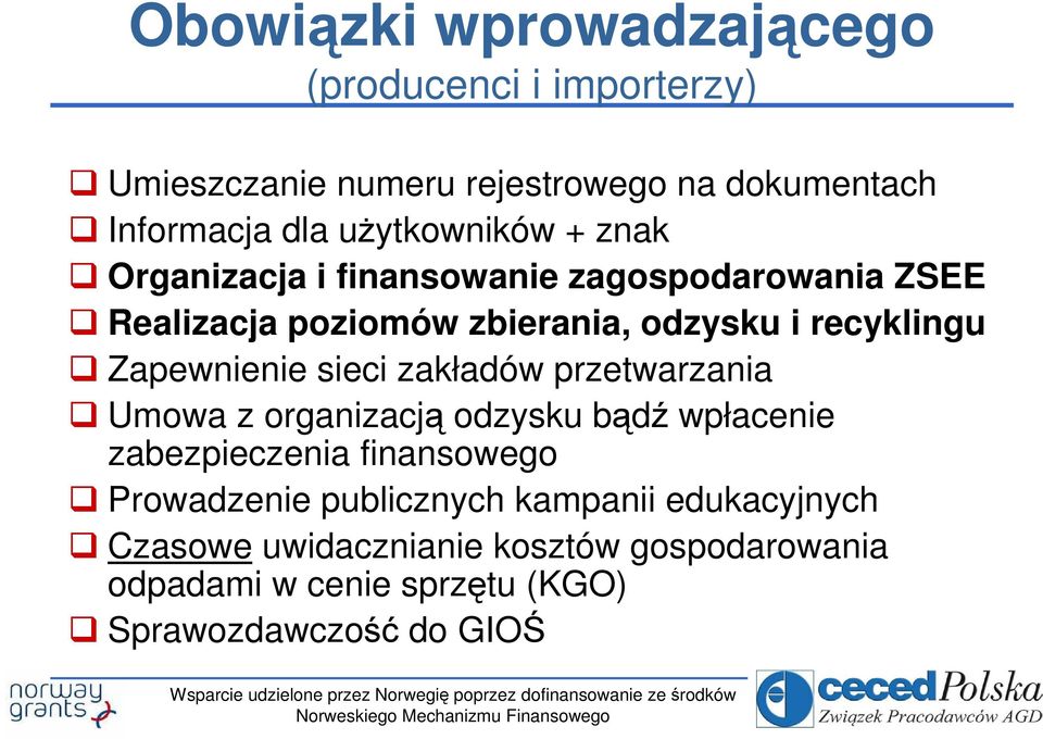 Zapewnienie sieci zakładów przetwarzania Umowa z organizacją odzysku bądź wpłacenie zabezpieczenia finansowego Prowadzenie