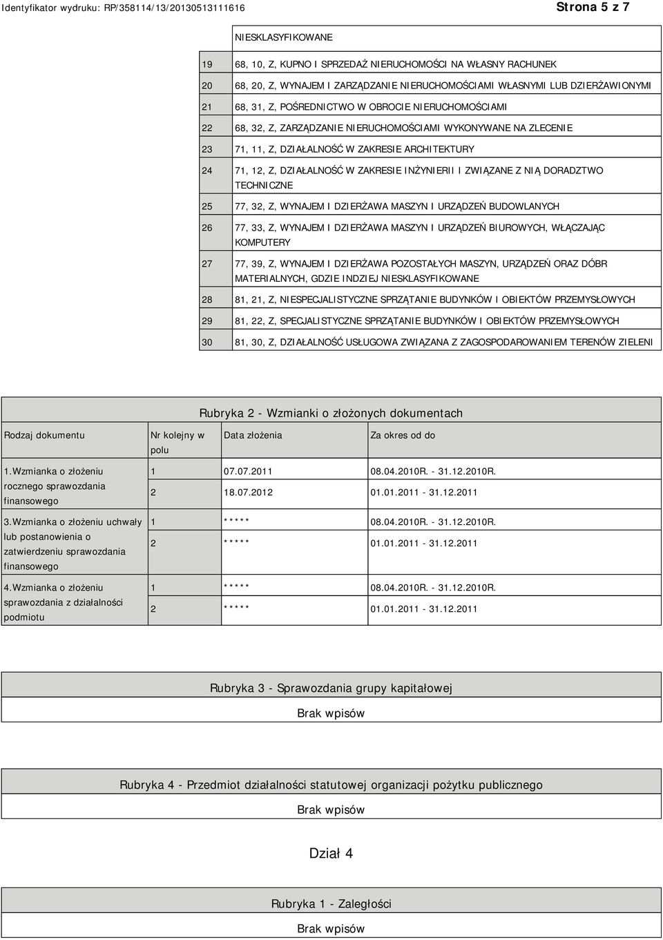 DORADZTWO TECHNICZNE 25 77, 32, Z, WYNAJEM I DZIERŻAWA MASZYN I URZĄDZEŃ BUDOWLANYCH 26 77, 33, Z, WYNAJEM I DZIERŻAWA MASZYN I URZĄDZEŃ BIUROWYCH, WŁĄCZAJĄC KOMPUTERY 27 77, 39, Z, WYNAJEM I