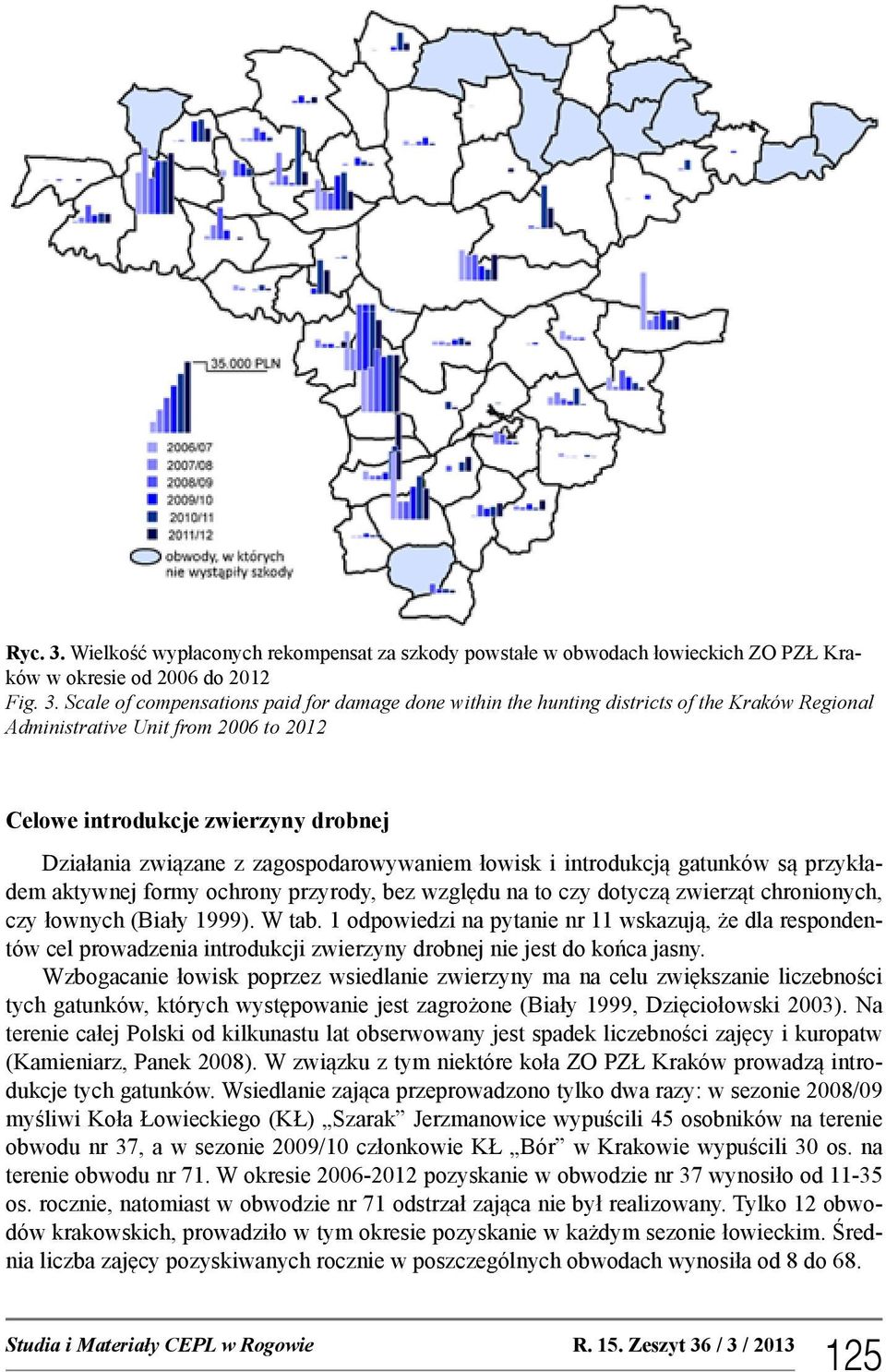 Scale of compensations paid for damage done within the hunting districts of the Kraków Regional Administrative Unit from 2006 to 2012 Celowe introdukcje zwierzyny drobnej Działania związane z