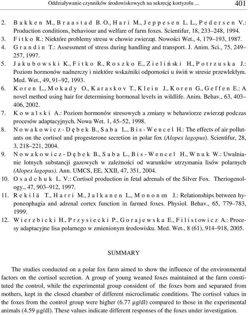 : Assessment of stress during handling and transport. J. Anim. Sci., 75, 249 257, 1997. 5. J a k u b o w s k i K., F i t k o R., R o s z k o E., Z i e l i sk i H., P o t r z u s k a J.