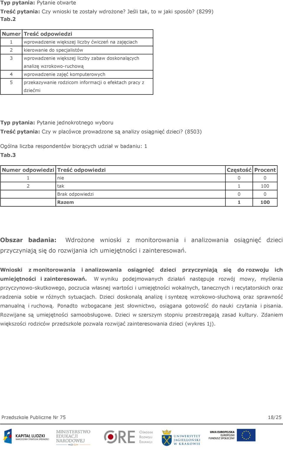 zajęć komputerowych 5 przekazywanie rodzicom informacji o efektach pracy z dziećmi Typ pytania: Pytanie jednokrotnego wyboru Treść pytania: Czy w placówce prowadzone są analizy osiągnięć dzieci?