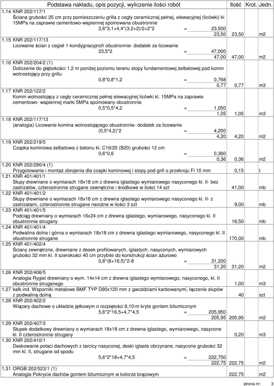 2,6*3,1+4,4*(3,2+2)/2+2*2 = 23,500 23,50 23,50 m2 1.15 KNR 202/117/13 Licowanie ścian z cegieł 1-kondygnacyjnch obustronnie- dodatek za licowanie 23,5*2 = 47,000 47,00 47,00 m2 1.