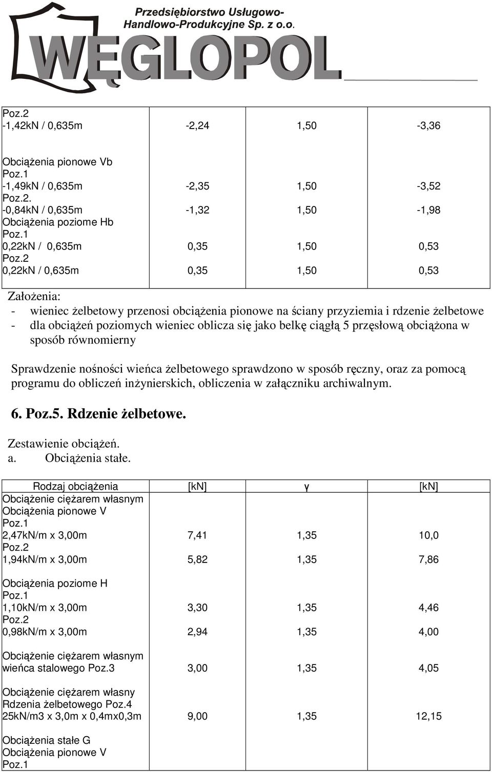 rdzenie żelbetowe - dla obciążeń poziomych wieniec oblicza się jako belkę ciągłą 5 przęsłową obciążona w sposób równomierny Sprawdzenie nośności wieńca żelbetowego sprawdzono w sposób ręczny, oraz za