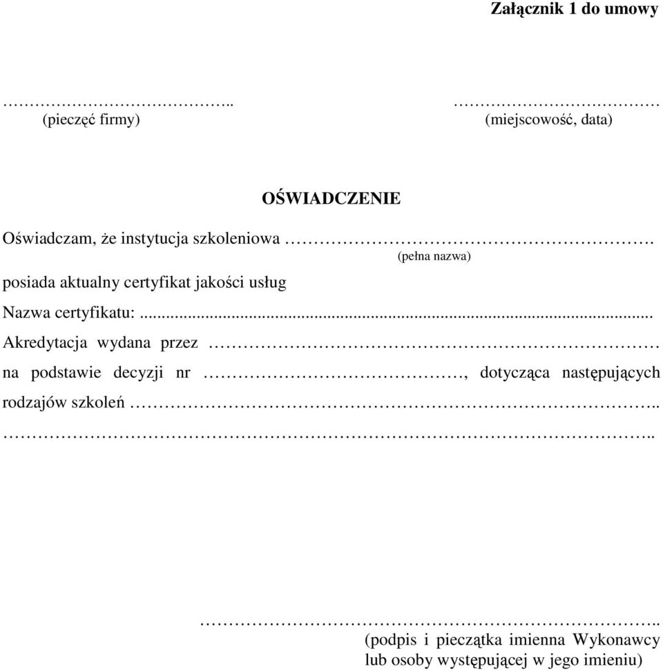 (pełna nazwa) posiada aktualny certyfikat jakości usług Nazwa certyfikatu:.