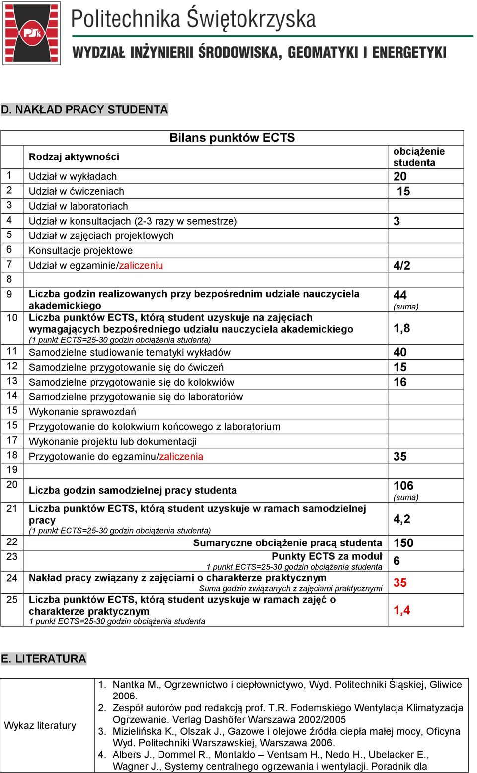 student uzyskuje na zajęciach wymagających bezpośredniego udziału nauczyciela akademickiego (1 punkt ECTS=25-30 godzin obciążenia studenta) 11 Samodzielne studiowanie tematyki wykładów 40 12