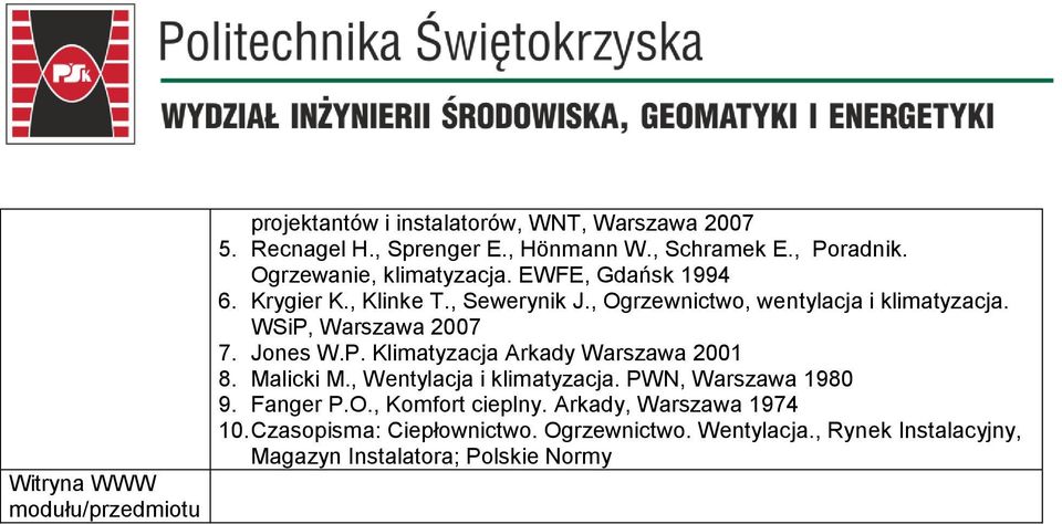 WSiP, Warszawa 2007 7. Jones W.P. Klimatyzacja Arkady Warszawa 2001 8. Malicki M., Wentylacja i klimatyzacja. PWN, Warszawa 1980 9. Fanger P.