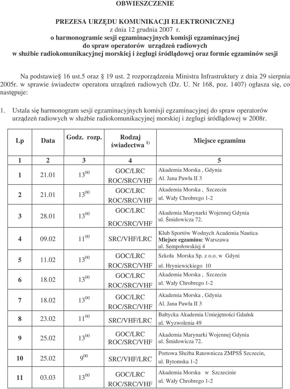 ust.5 oraz 19 ust. 2 rozporzdzenia Ministra Infrastruktury z dnia 29 sierpnia 25r. w sprawie wiadectw operatora urzdze radiowych (Dz. U. Nr 168, poz. 1407) ogłasza si, co nastpuje: 1.