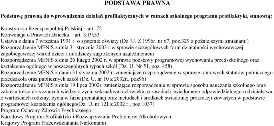 329 z późniejszymi zmianami) Rozporządzenie MENiS z dnia 31 stycznia 2003 r w sprawie szczegółowych form działalności wychowawczej zapobiegawczej wśród dzieci i młodzieży zagrożonych uzależnieniem