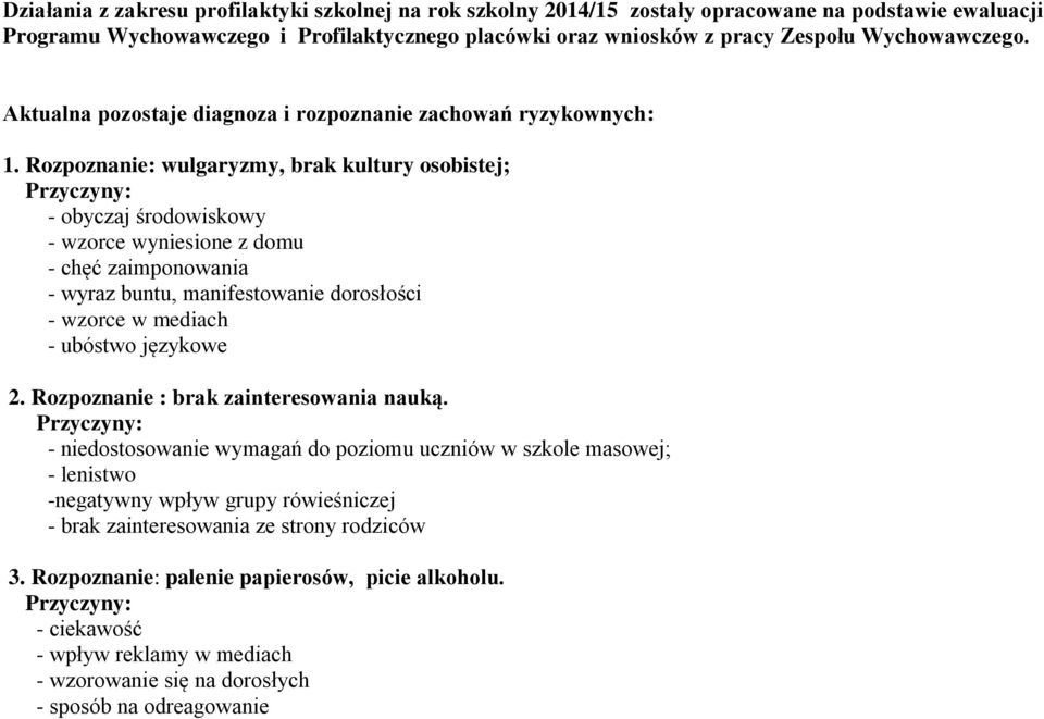 Rozpoznanie: wulgaryzmy, brak kultury osobistej; Przyczyny: - obyczaj środowiskowy - wzorce wyniesione z domu - chęć zaimponowania - wyraz buntu, manifestowanie dorosłości - wzorce w mediach -