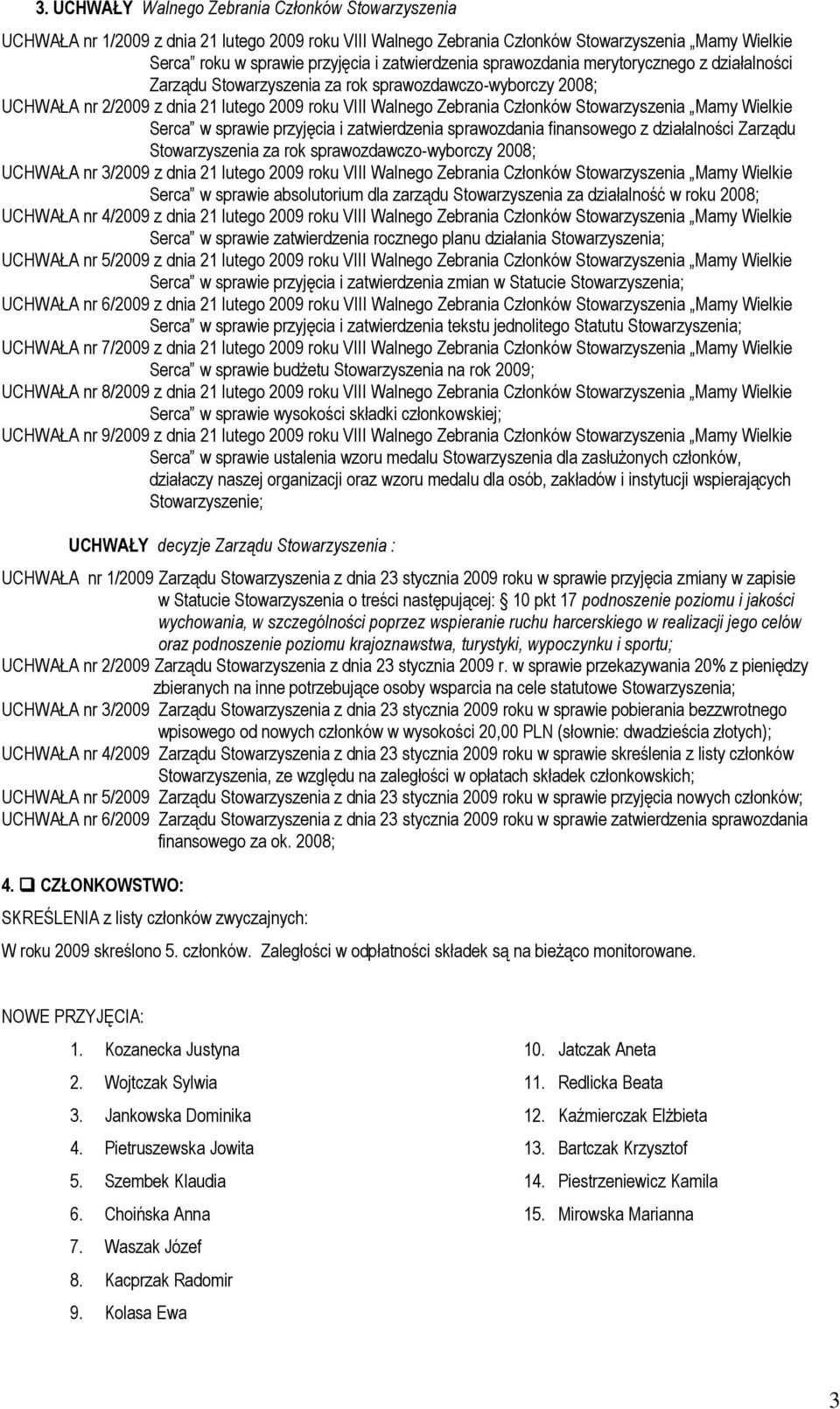 Stowarzyszenia Mamy Wielkie Serca w sprawie przyjęcia i zatwierdzenia sprawozdania finansowego z działalności Zarządu Stowarzyszenia za rok sprawozdawczo-wyborczy 2008; UCHWAŁA nr 3/2009 z dnia 21